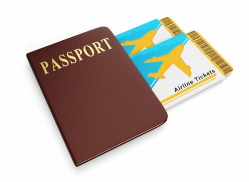 茶色のパスポートとエアチケットのイラスト