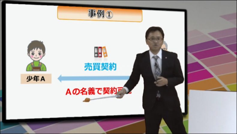 スタディング:行政書士ビデオのスクリーンショット(売買契約の事例を解説する様子)