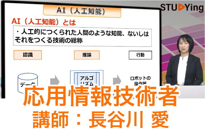 スタディング応用情報技術者講座の受講画面と長谷川愛先生