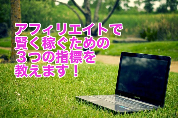 芝生の上にノートパソコンを広げた写真に「アフィリエイトで賢く稼ぐための３つの指標を教えます」とピンクのフォントで書いた
