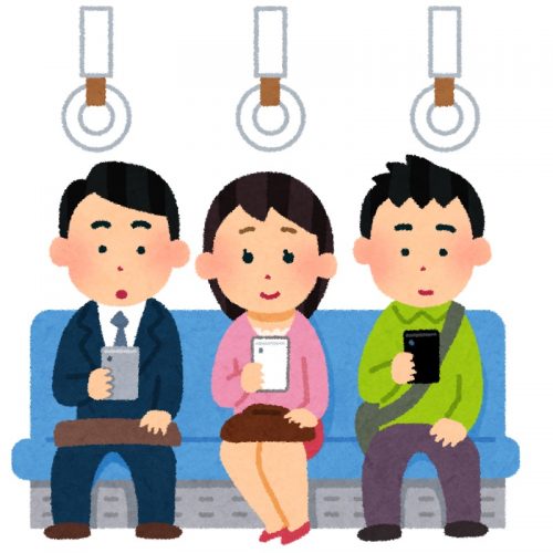 電車の座席に座ってスマートフォンを操作する２人の男性と１人の女性