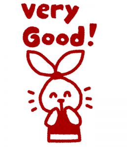 白と赤を基調としたウサギのキャラクターが「very good」と喜んでいる様子
